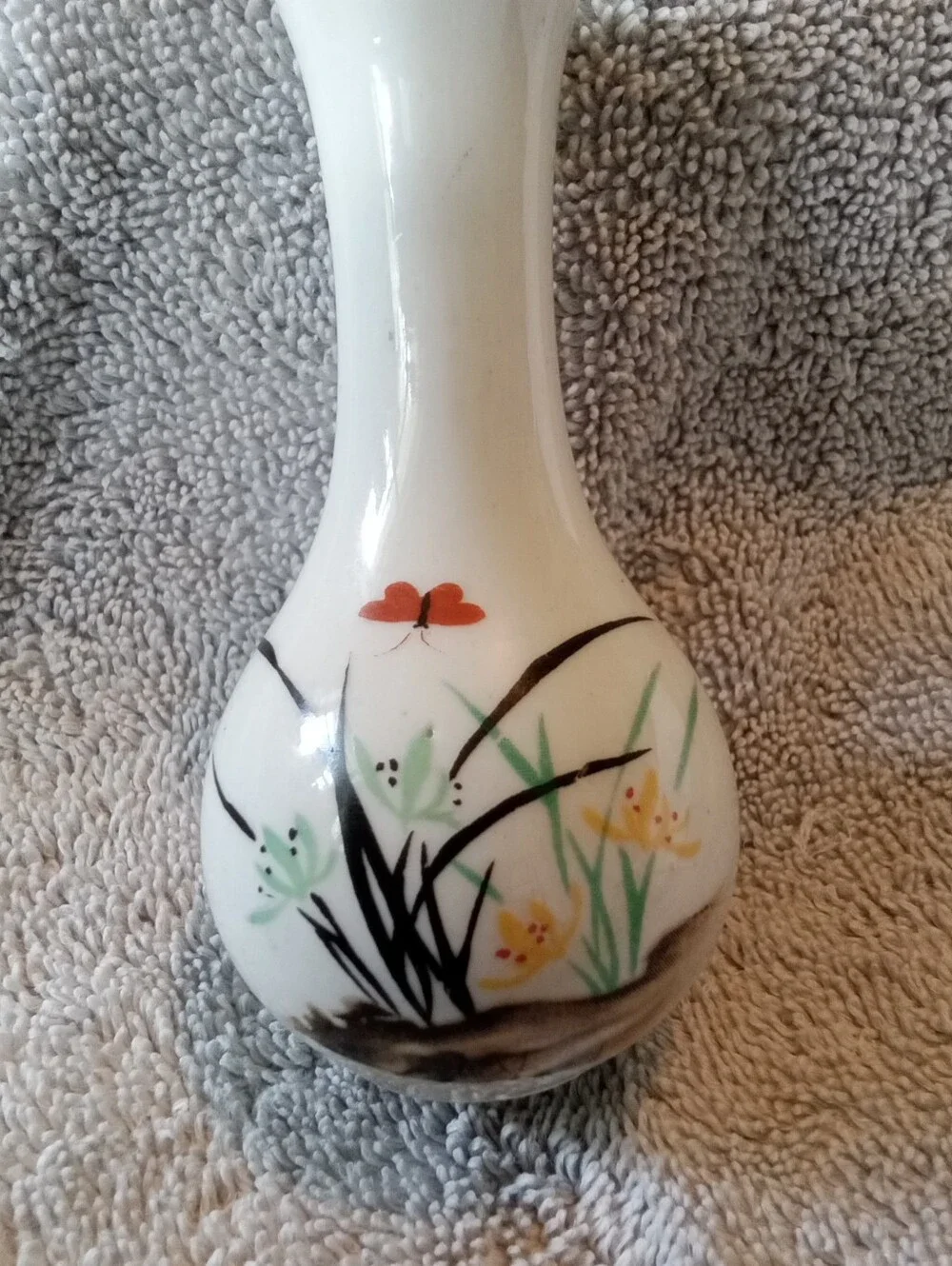 #1541 White Ceramic Bud Vase with Hand-Painted Floral Design